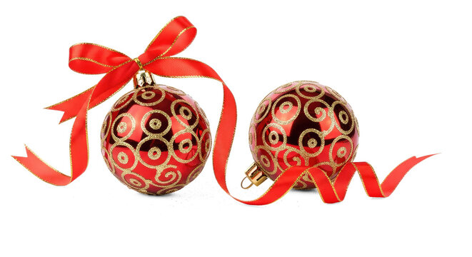 Two red and gold Christmas ornaments with ribbons on a white background.