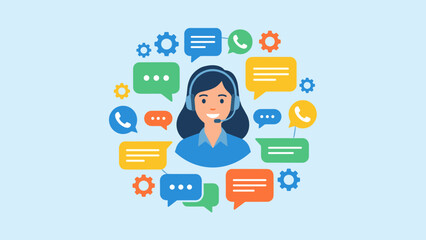 Customer support call center concept. Female operator agent with headset. Help desk service. Online communication chat bubbles. Business assistance. Vector illustration flat design.