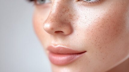 Fototapeta premium Macro close up of glowing healthy skin with perfect pore texture and natural freckles on cheek and nose, showing smooth lips and soft facial features in soft lighting
