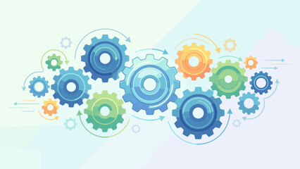 Colorful gears and cogs working together. System optimization efficiency concept. Teamwork synergy business process. Engineering technical progress. Machine operation. Innovation.