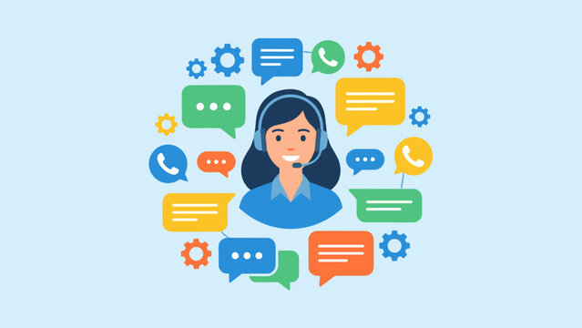 Customer support call center concept. Female operator agent with headset. Help desk service. Online communication chat bubbles. Business assistance. Vector illustration flat design. - Powered by Adobe