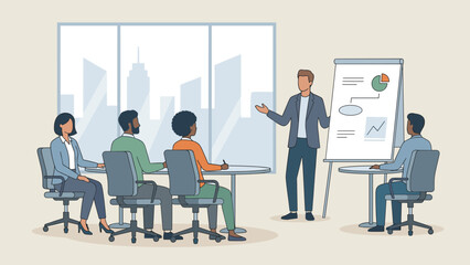 Corporate training workshop presentation. Business meeting seminar. Trainer explaining strategy on flipchart. Office education coaching. Team learning professional skills concept.