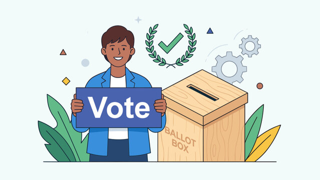 Person holding Vote sign next to wooden ballot box. Election day democracy concept. Political campaign civic duty. Flat vector illustration. Voting rights. Casting ballot. Poll.