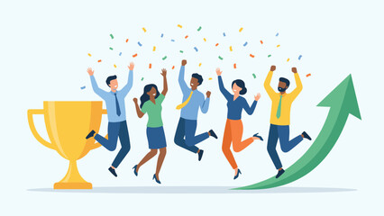 Business team celebrating success concept. Happy diverse group jumping with golden trophy and rising arrow. Corporate victory. Financial growth and teamwork. Winner confetti party.