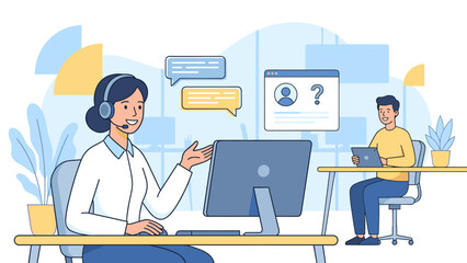 Customer service representative wearing headset. Call center support agent helping client. Online help desk chat. Business operator consulting user. Communication hotline concept.