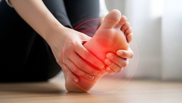 Person holding a pained foot with a red glowing ache area. Podiatry health and injury recovery. Woman sitting on the floor massaging her sore sole
