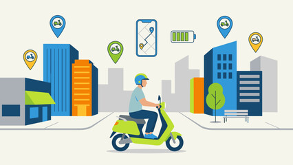 Electric scooter sharing service app. Man riding rental e-scooter in city. Urban transportation concept. GPS map location pins. Eco friendly commute. Smart mobility battery. Vector
