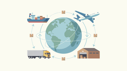 Global logistics network worldwide shipping. Cargo ship airplane truck warehouse around earth. International supply chain distribution. Freight transport. Import export delivery.