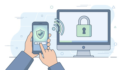 Two factor authentication security. Hands holding smartphone entering verification code. Computer screen lock. 2FA login concept. Cybersecurity technology. Online safety protection.