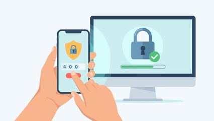 Two factor authentication concept. 2FA security login. Hands holding phone entering code. Computer monitor lock. Cybersecurity verification. Digital safety. Identity protection.