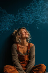 Peaceful Meditation with Serene Smile and Cloudlike Laughter Bubbles in Minimal Spiritual Calm