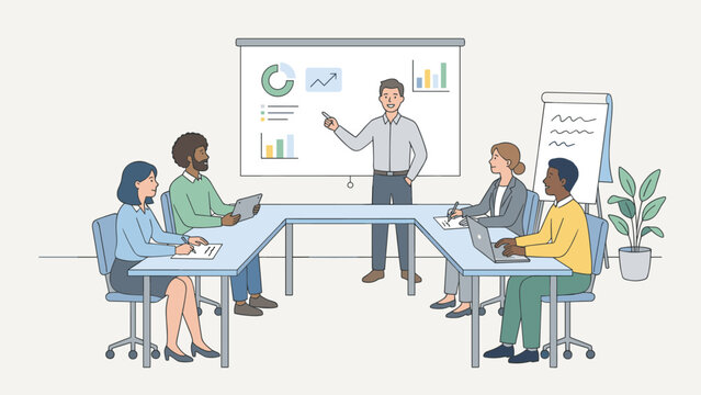 Corporate training workshop. Business trainer presenting data charts. Meeting room seminar. Diverse team learning. Employee education. Professional development. Coaching. Conference. - Powered by Adobe
