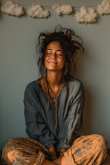 Peaceful Meditation with Serene Smile and Cloudlike Laughter Bubbles in Minimal Spiritual Calm