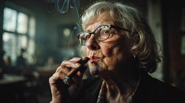 Mother's day elderly woman smoking a cigar in a classroom with smoke rising