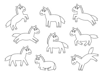 線画のかわいい馬のポーズセットイラスト