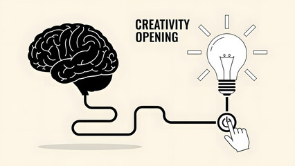 human brain connected to a glowing lightbulb with a power switch button for creativity opening concept representing brainpower innovation and smart business problem solving