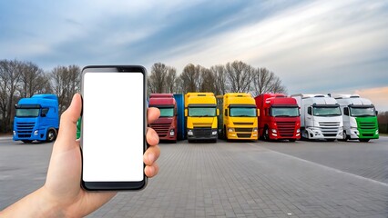Hand holding smartphone with blank screen and trucks on highway
