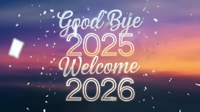 Good Bye 2025 Welcome 2026 Glowing Silver Text On Gradient With Confetti