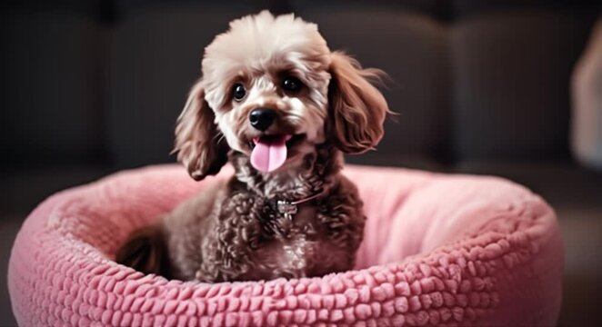 Adorable small poodle dog resting happily in a soft pink pet bed indoors