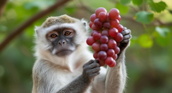 Curious monkey holds a bunch of juicy red grapes in a natural outdoor setting