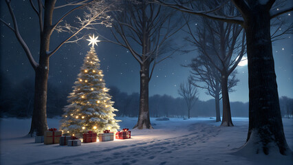Christmas Tree On Snow At Night With Shiny Star And Gift Boxes In Winter Forest - Winter Abstract Landscape