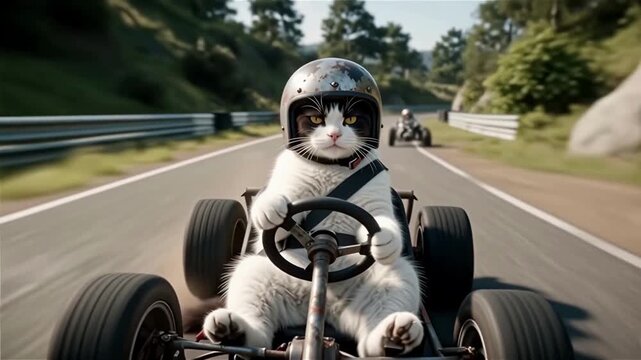 A fat black and white cat is racing on a buggy