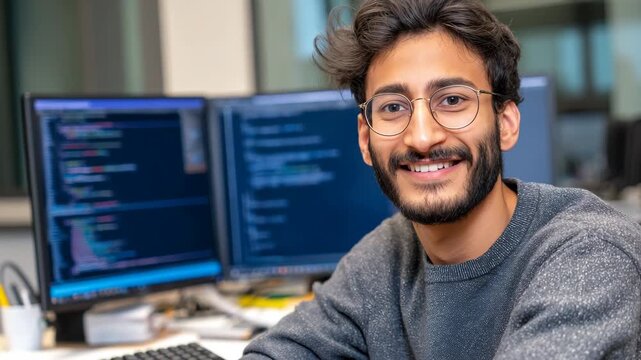 Young programmer smiling at a desk with multiple computer screens displaying code, ideal for tech and workplace themes