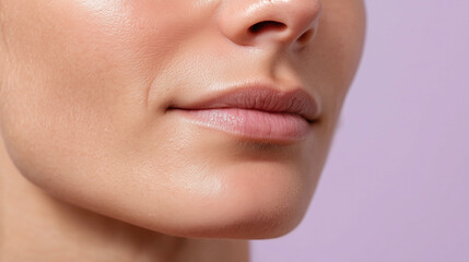 Obraz premium Macro skin texture around nose and cheek with natural glow and smooth lips close up, showing healthy facial skin detail and soft natural beauty on light purple background