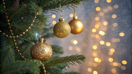 Christmas Tree - Golden Ornament Hanging Fir Branches With Bokeh Lights In Glittering Background

