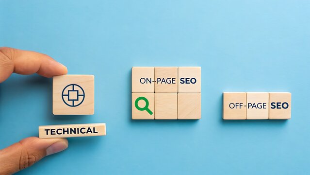 Technical on page and off page seo concept with wooden blocks

