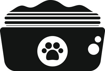 Pet food bowl containing dry kibble with a paw print logo, a black and white icon