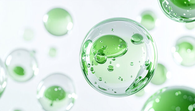 グリーンの透明分子が浮遊する美容成分イメージ｜CICA・セラミド・先端美容科学 / Floating green transparent molecules for skincare ingredients | CICA, ceramide, advanced beauty science