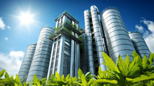Modern industrial silos with greenery under a bright blue sky, symbolizing sustainable agriculture and innovation
