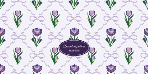 Delicate seamless pattern with spring flowers, bows, and ribbons. Elegant and fashionable holiday background. Vintage damask pattern for fabric, wrapping paper, textiles, and more.
