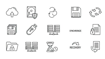 Data Storage and Backup Icons: Cloud, Hard Drive, USB, Servers, Floppy Disk, Hourglass, Recovery