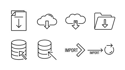 Data transfer icons: download, cloud storage, database, import, refresh. Vector set.