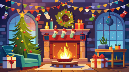 Fireplace living room decorated for Christmas with stockings, garlands, candles, and glowing fire creating a cozy winter scene
