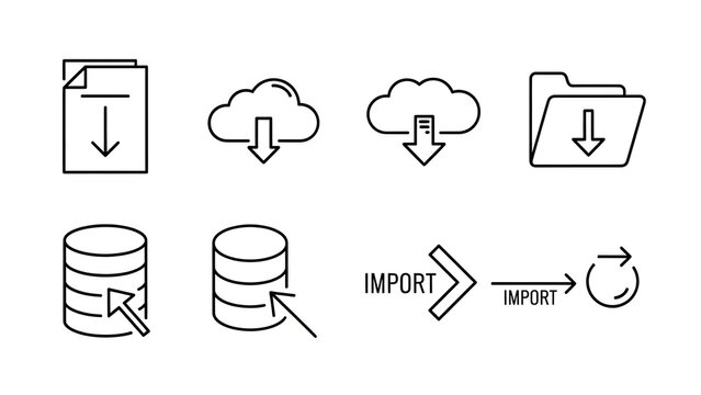 Data transfer icons: download, cloud storage, database, import, refresh. Vector set.