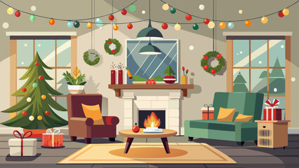 Minimal Christmas interior with neutral tones, simple decorations, soft lighting, and modern cozy home atmosphere