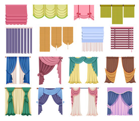 Elegant curtain and drapery for window decor in modern classic living room. Luxury fabric and stylish cornice. Flat vector illustration for home interior design, silk drape and decorative elements