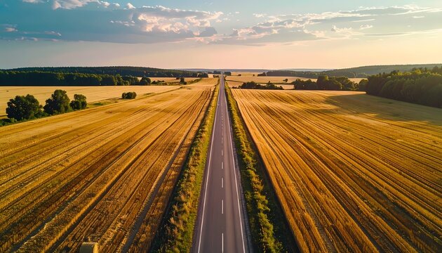 Aerial view of a long straight road cutting through golden wheat fields at sunset.