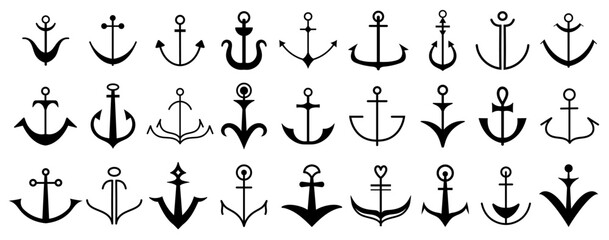 Vintage nautical anchor logo. Marine travel or boat decoration with simple line and flat silhouette for tattoo or stamp. Vector symbol naval stability and maritime antique or modern insignia