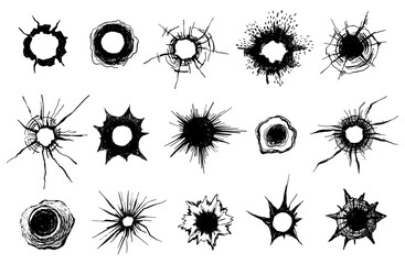 Gunshot bullet hole with impact crack and break in concrete, glass or metal, realistic war and military damage effect. Circular vector silhouettes for target, hunt and sniper, crime design