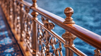 Close up view of ornate bronze railing by the water
