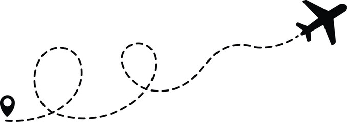 Airplane line path icon of air plane flight route dash line trace with start point. Airplane flight path with destination pin. airplane travel line path with map pins Transparent png and vector illust © MDneamul