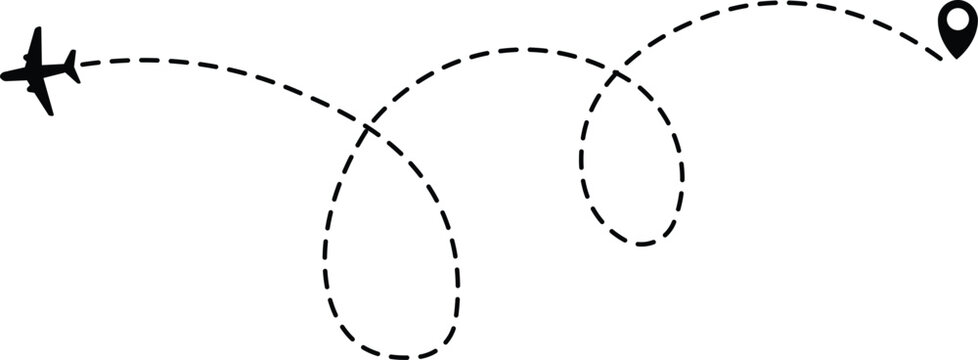Airplane line path icon of air plane flight route dash line trace with start point. Airplane flight path with destination pin. airplane travel line path with map pins Transparent png and vector illust