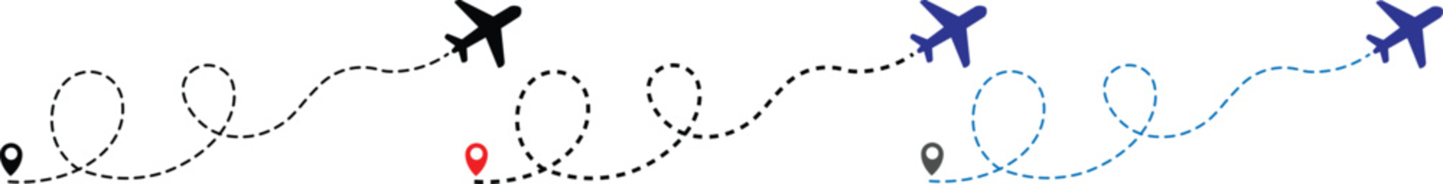 Airplane line path icon of air plane flight route dash line trace with start point. Airplane flight path with destination pin. airplane travel line path with map pins Transparent png and vector illust