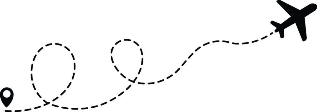 Airplane line path icon of air plane flight route dash line trace with start point. Airplane flight path with destination pin. airplane travel line path with map pins Transparent png and vector illust