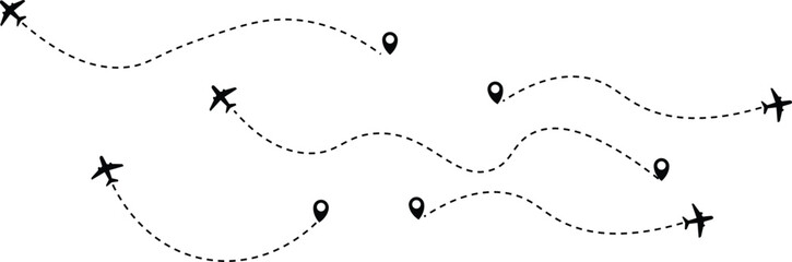Airplane flight path with destination pin. Plane paths. Aircraft tracking, planes, travel, map pins, location pins .start point line trace and plane routes. Transparent png and vector illustration
