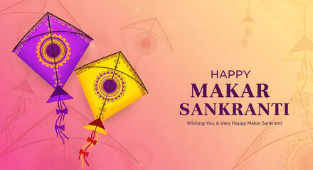 vector illustration of Happy Makar Sankranti background with colorful kites,sweets and hand lettring